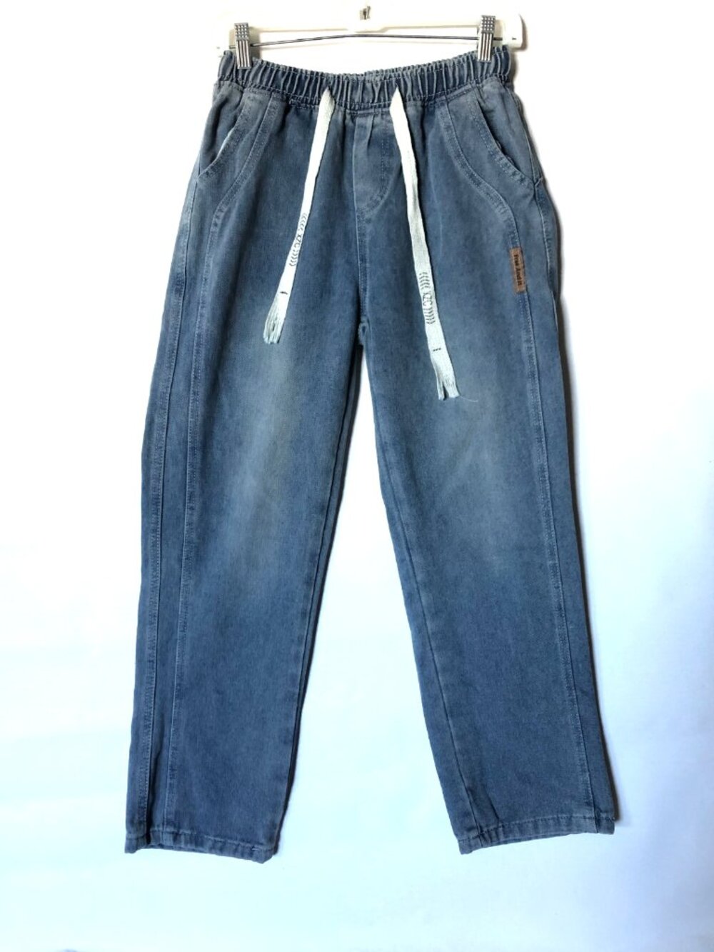 Men’s Med-Wash Soft Denim Wide Leg Baggy Cargo Trousers Elastic Waistband Med.